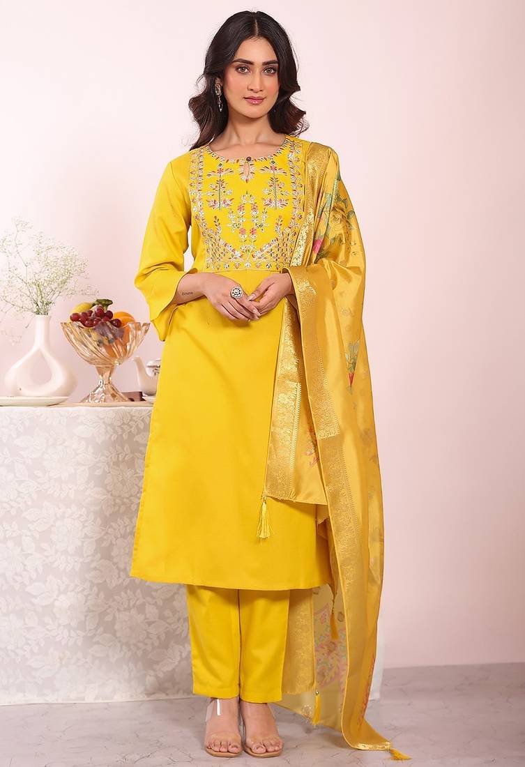 Yellow silk blend embroidered free size suit