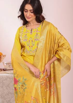 Yellow silk blend embroidered free size suit 2