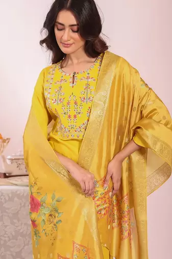 Yellow silk blend embroidered free size suit