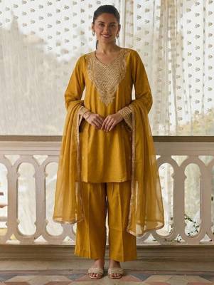Mustard cotton silk zari embroidered & sequins free size suit 1