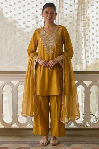 Mustard cotton silk zari embroidered & sequins free size suit