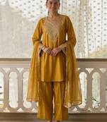 Mustard cotton silk zari embroidered & sequins free size suit