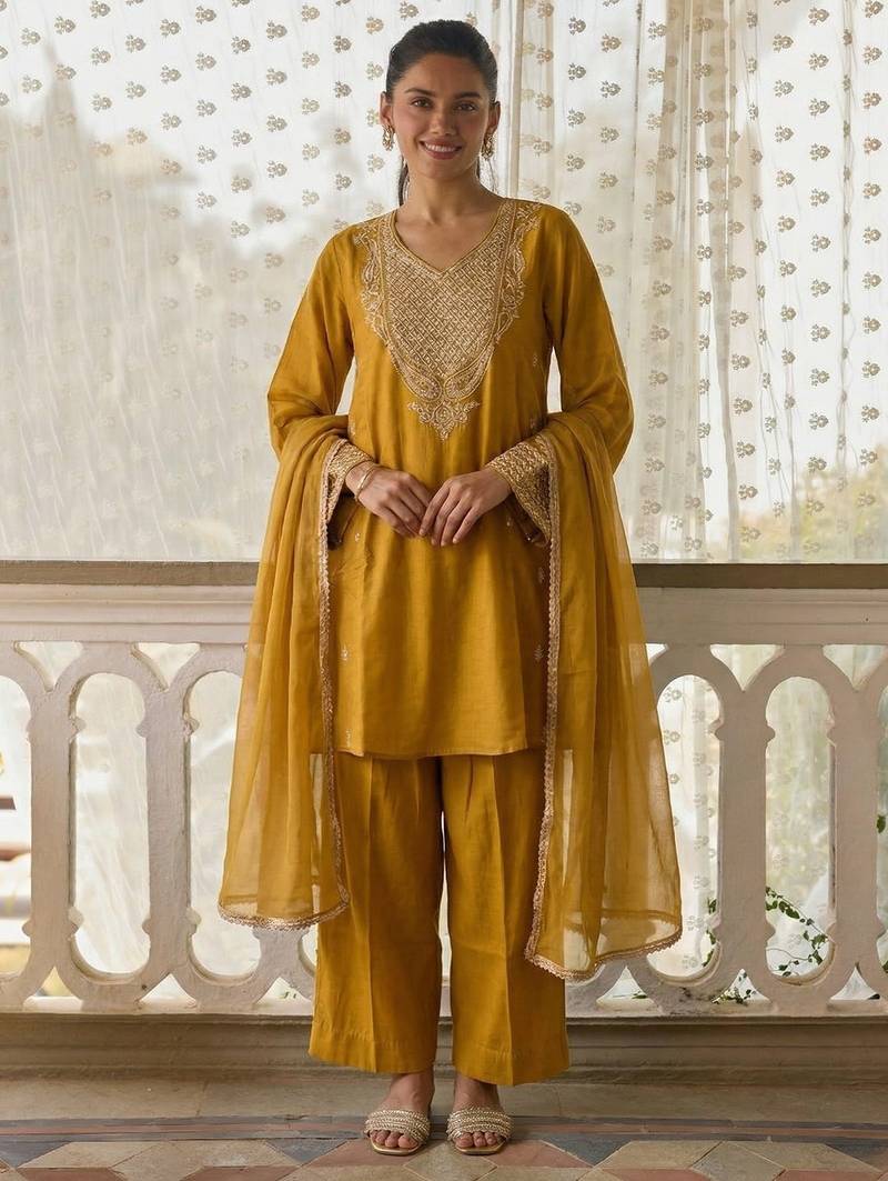 Mustard cotton silk zari embroidered & sequins free size suit