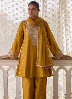 Mustard cotton silk zari embroidered & sequins free size suit 2