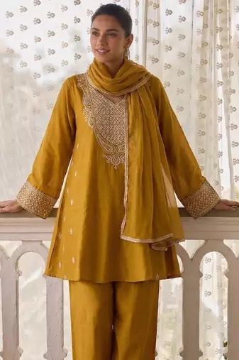 Mustard cotton silk zari embroidered & sequins free size suit