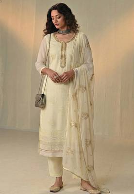 Cream georgette embroidered with multi thread and sequins work along with khatli work free size suit 1