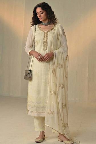 Cream georgette embroidered with multi thread and sequins work along with khatli work free size suit
