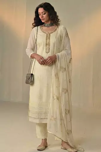 Cream georgette embroidered with multi thread and sequins work along with khatli work free size suit