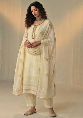 Cream georgette embroidered with multi thread and sequins work along with khatli work free size suit 2