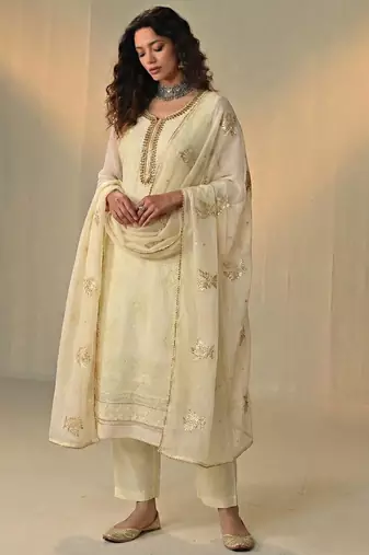 Cream georgette embroidered with multi thread and sequins work along with khatli work free size suit