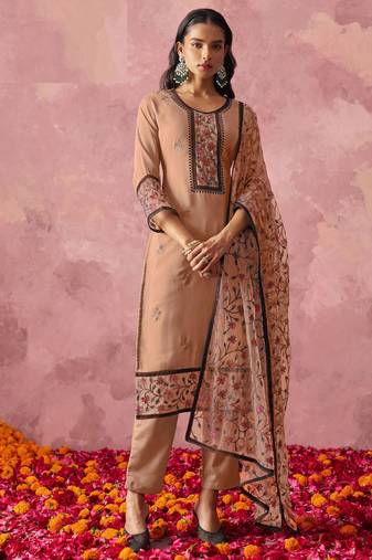 Peach georgette thread embroidery & sequins free size suit
