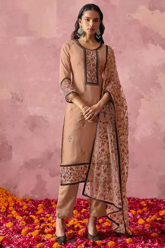 Peach georgette thread embroidery & sequins free size suit