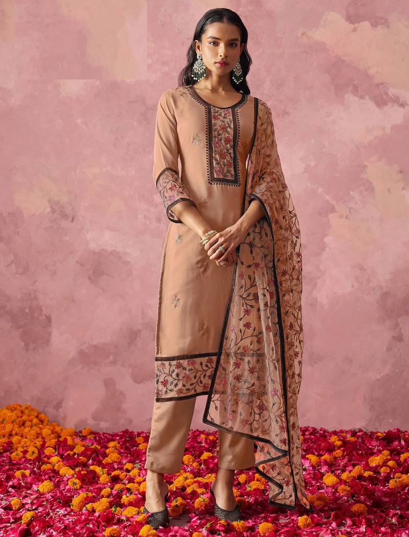 Peach georgette thread embroidery & sequins free size suit