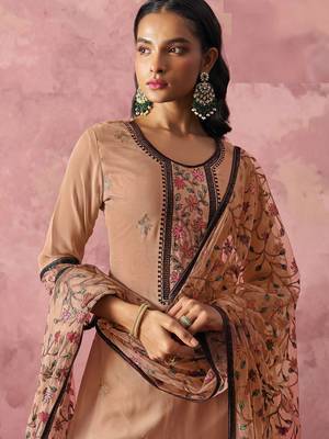 Peach georgette thread embroidery & sequins free size suit 2
