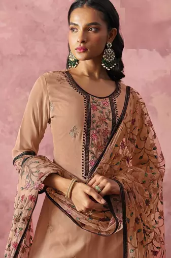 Peach georgette thread embroidery & sequins free size suit