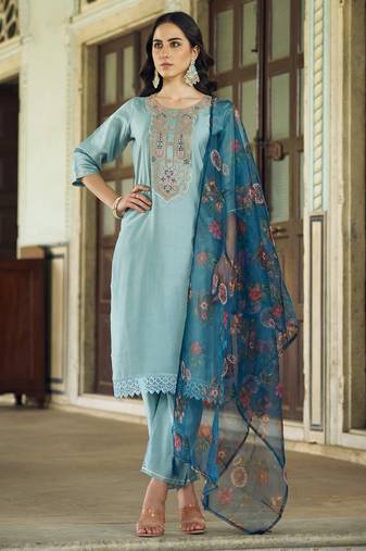 Blue viscose rayon embroidered free size suit