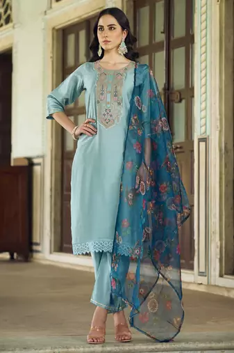 Blue viscose rayon embroidered free size suit