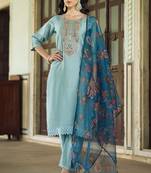 Blue viscose rayon embroidered free size suit