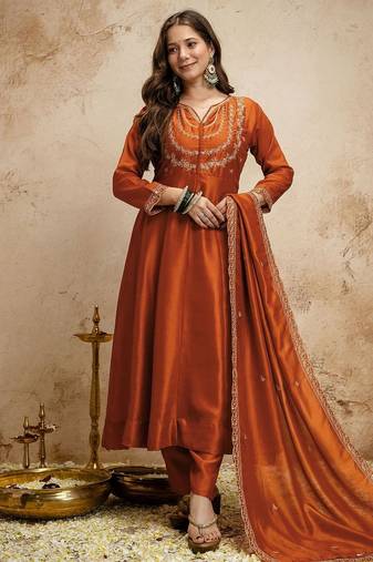 Orange silk blend embroidered free size suit
