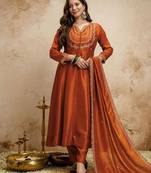 Orange silk blend embroidered free size suit