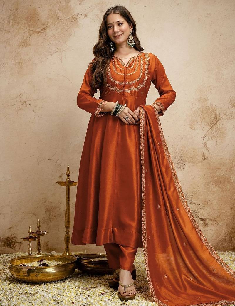 Orange silk blend embroidered free size suit