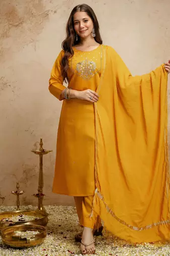 Mustard silk blend embroidered free size suit