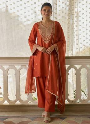 Orange cotton silk zari embroidered & sequins free size suit 1