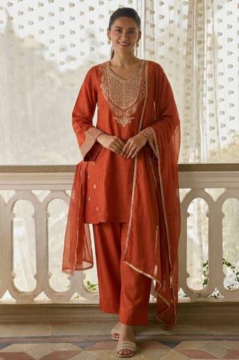 Orange cotton silk zari embroidered & sequins free size suit
