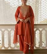 Orange cotton silk zari embroidered & sequins free size suit
