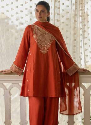 Orange cotton silk zari embroidered & sequins free size suit 2