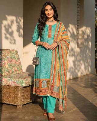 Blue blended cotton embroidered   sequins & printed dupatta free size suit 1