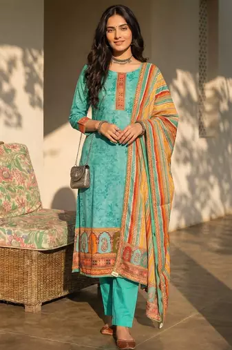 Blue blended cotton embroidered   sequins & printed dupatta free size suit