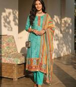 Blue blended cotton embroidered   sequins & printed dupatta free size suit