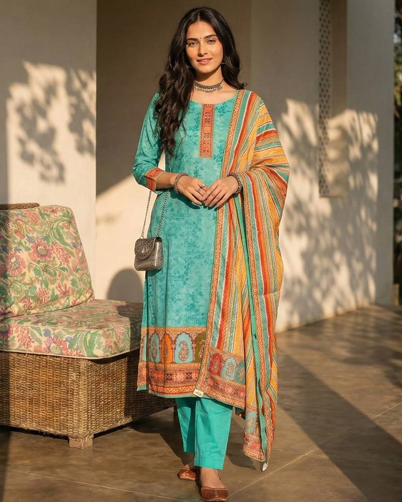 Blue blended cotton embroidered   sequins & printed dupatta free size suit