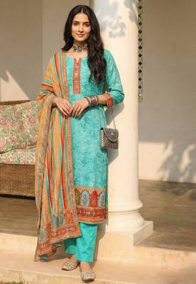 Blue blended cotton embroidered   sequins & printed dupatta free size suit 2