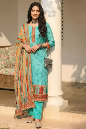 Blue blended cotton embroidered   sequins & printed dupatta free size suit