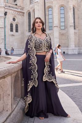 Purple silk blend embroidery & sequins free size suit 1