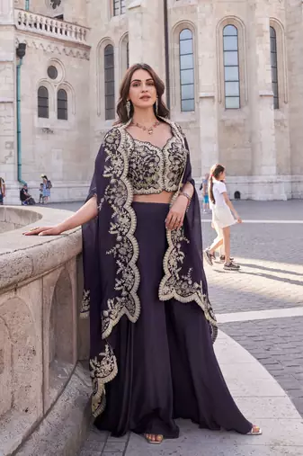 Purple silk blend embroidery & sequins free size suit