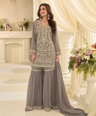 Grey georgette embroidered   sequins   beads   stone free size suit 1