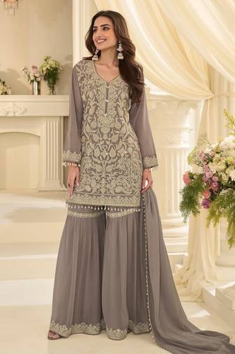 Grey georgette embroidered   sequins   beads   stone free size suit