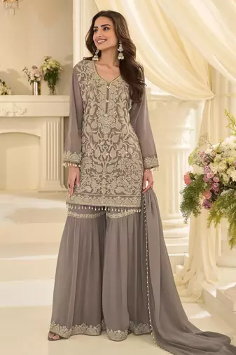 Grey georgette embroidered   sequins   beads   stone free size suit