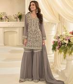Grey georgette embroidered   sequins   beads   stone free size suit