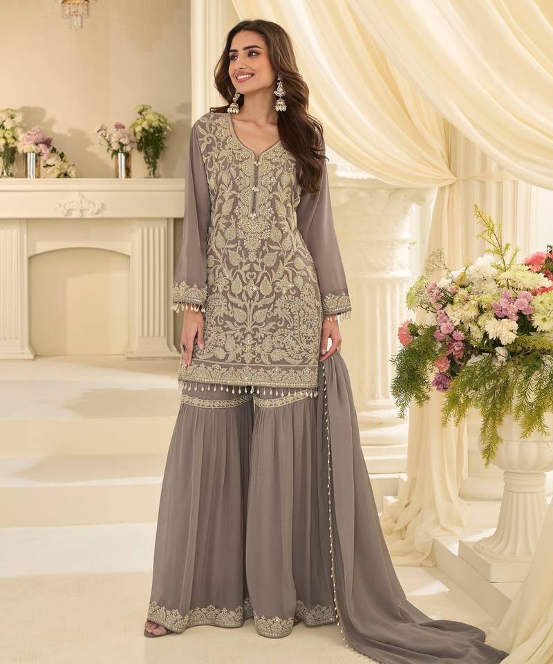 Grey georgette embroidered   sequins   beads   stone free size suit