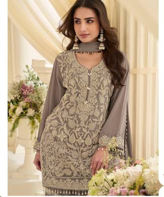 Grey georgette embroidered   sequins   beads   stone free size suit 2