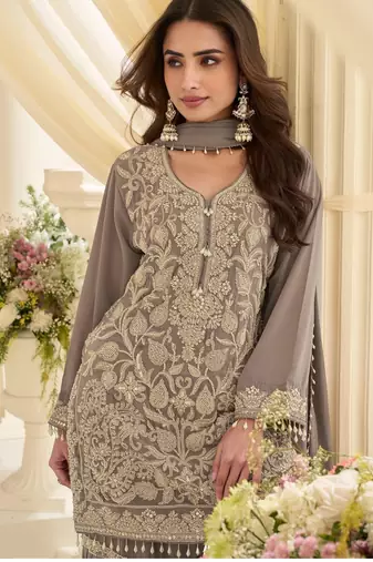 Grey georgette embroidered   sequins   beads   stone free size suit