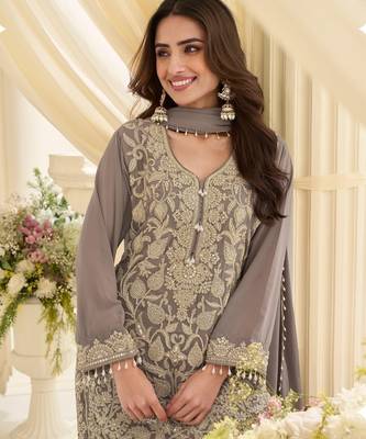 Grey georgette embroidered   sequins   beads   stone free size suit 3