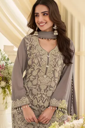 Grey georgette embroidered   sequins   beads   stone free size suit