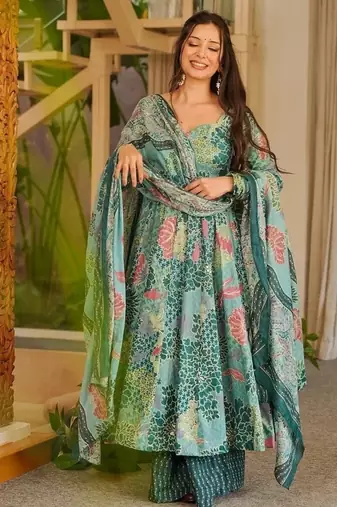 Blue cotton silk digital print free size suit