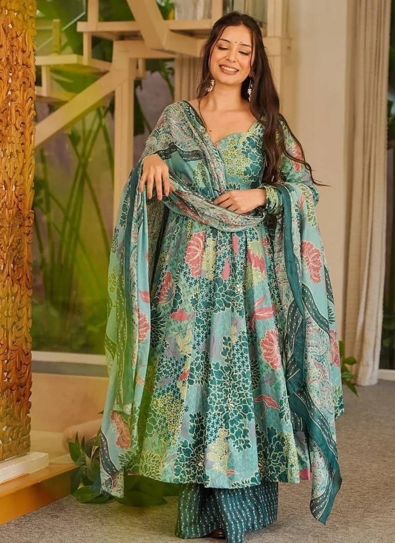 Blue cotton silk digital print free size suit