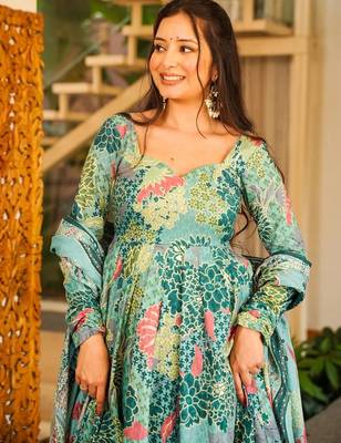 Blue cotton silk digital print free size suit 2